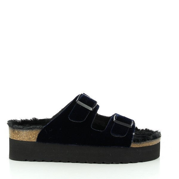 A side view of Plakton's Navy Fur Platform Sandals, showcasing the sleek two-strap design and comfortable cork sole.