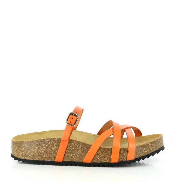 Explore the vibrant side profile of the 41025 Orange Multi-Strap Sandals by Plakton Shoes. Crafted with leather and featuring stylish crossed straps, these sandals offer a blend of comfort and fashion-forward design.