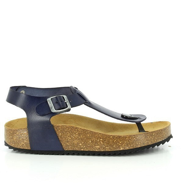 Capture the sleek profile of Plakton's 341676 Blue Slingback Thong Sandals, showcasing the rich leather upper and adjustable buckle ankle strap, perfect for enhancing your summer wardrobe.