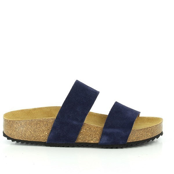 A side view of Plakton's 345051 Navy Double-Strap Sandals showcases its sleek silhouette and premium leather craftsmanship. The double straps and cork sole highlight its blend of style and comfort, perfect for everyday wear.