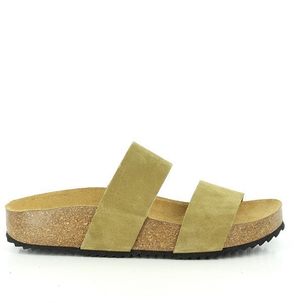 A side view of Plakton's 345051 Khaki Double-Strap Sandals showcases its sleek silhouette and premium leather craftsmanship. The double straps and cork sole highlight its blend of style and comfort, perfect for everyday wear.