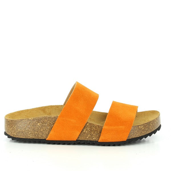 A side view of Plakton's 345051 Orange Double-Strap Sandals showcases its vibrant orange leather upper and sleek silhouette. The double straps and cork sole highlight its blend of style and comfort, perfect for everyday wear.