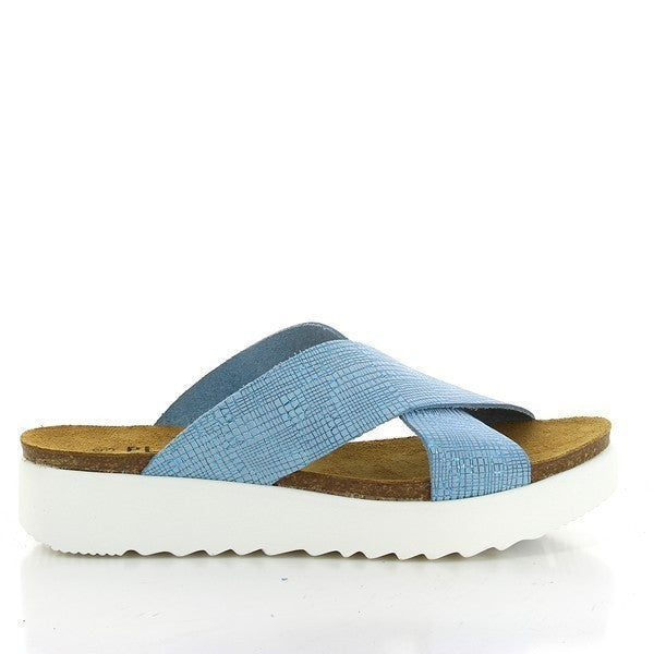 Capture the vibrant charm of Plakton's 665038 Blue Cross-Strap Platforms in this photo. Handcrafted in Spain from premium leather, these women's sandals feature a stylish 3cm heel-platform height, cork insole, and white synthetic sole. Perfect for adding a pop of color and comfort to your wardrobe ensemble.