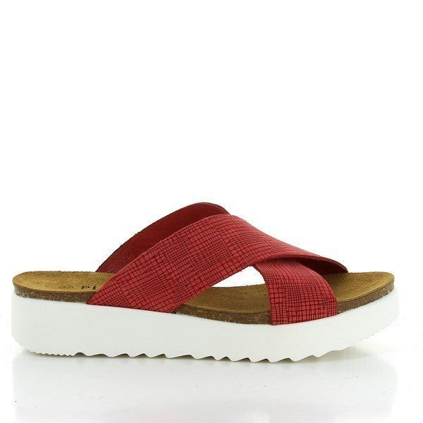 Capture the bold elegance of Plakton's 665038 Red Cross-Strap Platforms in this photo. Handcrafted in Spain from premium leather, these women's sandals feature a stylish 3cm heel-platform height, cork insole, and white synthetic sole. Perfect for adding sophistication and vibrant color to your ensemble.