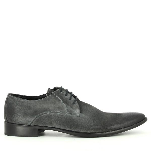 A sleek side view of the Enrico Santi 2081 Grey Derby Shoe, showcasing the smooth suede leather, open lacing system, and subtle stitching details along the upper.