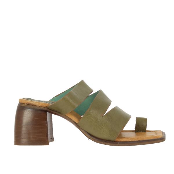 A side profile showcasing the sleek military green leather upper with its distinct three-strap and thong strap design, resting on the 5 cm platform heel.