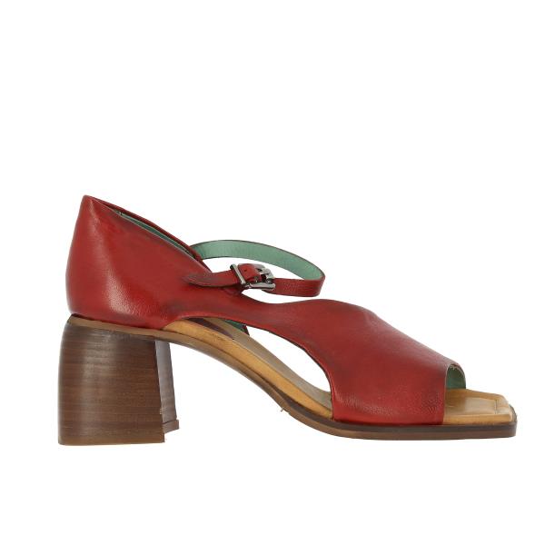 A side view of the Felmini D405 Rubino Red Sandals, showcasing the sleek leather upper with open sides, a round toe, and a chic slingback strap secured by a buckle.