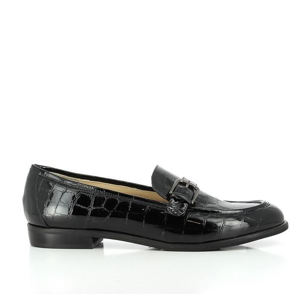 The photo showcases the Amalfi Toscana Black Crocodile Print Loafers from the side, highlighting the luxurious black crocodile print leather. The sleek, streamlined design is emphasized, revealing the distinctive texture and elegant profile of the loafer.