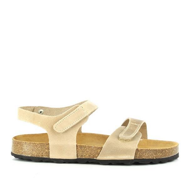 Highlight the sophisticated simplicity of Plakton's 110037 Beige Kids Slingback Sandals with a photo of the outside. The leather upper, in a timeless beige hue, exudes elegance and versatility, perfect for pairing with any outfit. The classic round toe shape and low platform height promise both style and comfort for your little one's feet.