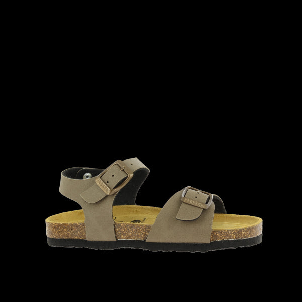 A close-up side view of Plakton's 120053 Taupe Slingback Kids Sandals showcasing the sleek leather upper and adjustable buckle strap. The cork sole and subtle 2cm platform provide comfort and support for active little feet.