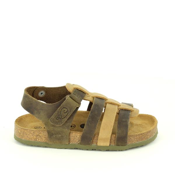 A side view of the Plakton 125381 Khaki Multi Strap Kids Sandal, showcasing the high-quality leather upper with multiple straps and the secure Velcro ankle strap. The 2cm cork platform and synthetic sole are visible, highlighting the sandal's sturdy and stylish design.