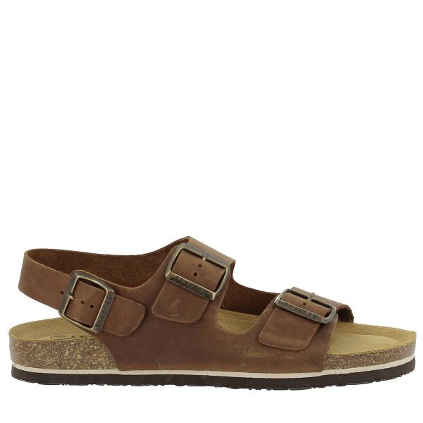 A sleek side profile of Plakton's 175113 Brown Slingback Men's Sandals, highlighting the Nubuck leather upper and adjustable ankle strap with a buckle for a secure and stylish fit.