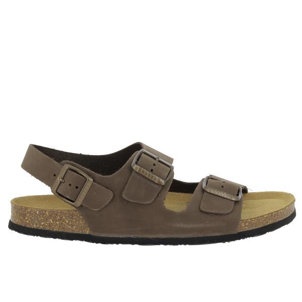 A sleek side profile of Plakton's 175113 Tan Slingback Men's Sandals, highlighting the Nubuck leather upper and adjustable ankle strap with a buckle for a secure fit.