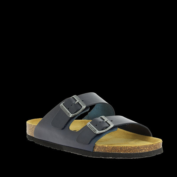 An angled view of the 175857 Navy Men's Sandals, highlighting the natural cork sole and the comfortable 3.5cm heel-platform height for added elevation.