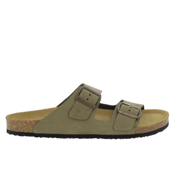 A sleek side profile of Plakton's 175857 Khaki Men's Sandals, showcasing the durable Nubuck leather upper and adjustable buckle straps for a secure fit.