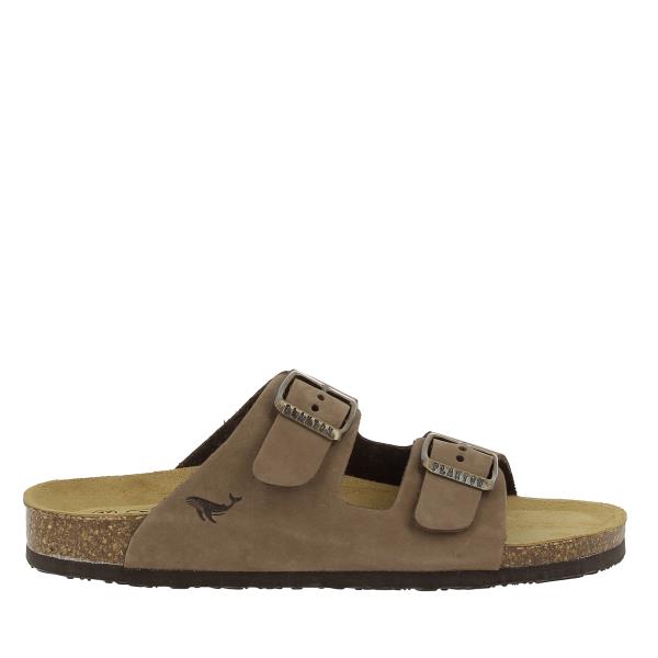 A side profile of the 180010-OF Chestnut Sandals showcasing the rich chestnut hue of the nubuck leather upper. The adjustable straps and subtle 2.5cm heel-platform height are also visible, highlighting the craftsmanship and attention to detail.