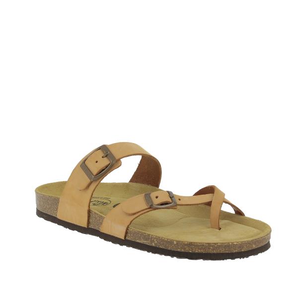 Highlight the stylish design of Plakton's 181032 Tan Thong Sandals from an angle, accentuating the toe loop and cross strap details.