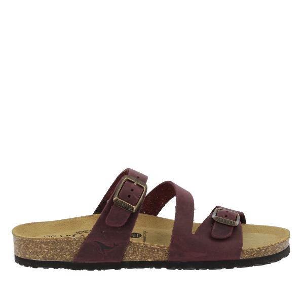 A side view showcasing Plakton's 181210 Burgundy Sandals, highlighting the rich leather upper and the 2.5cm cork heel-platform. The elegant cross strap design enhances its sophisticated burgundy hue, perfect for versatile styling.