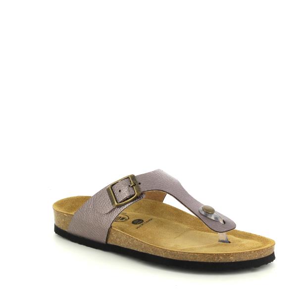 Highlight the sophisticated angle of Plakton's 181671 Silver Thong Sandals, revealing the adjustable buckle detail and memory cushion technology, perfect for fashion-forward comfort.