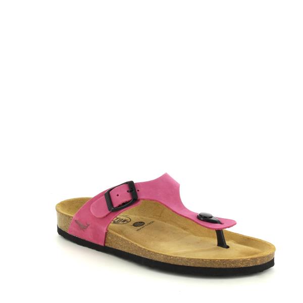 An angled shot capturing the elegant thong design with an adjustable buckle, round toe shape, and memory cushion footbed. The angle emphasizes the sandal's blend of style and comfort.