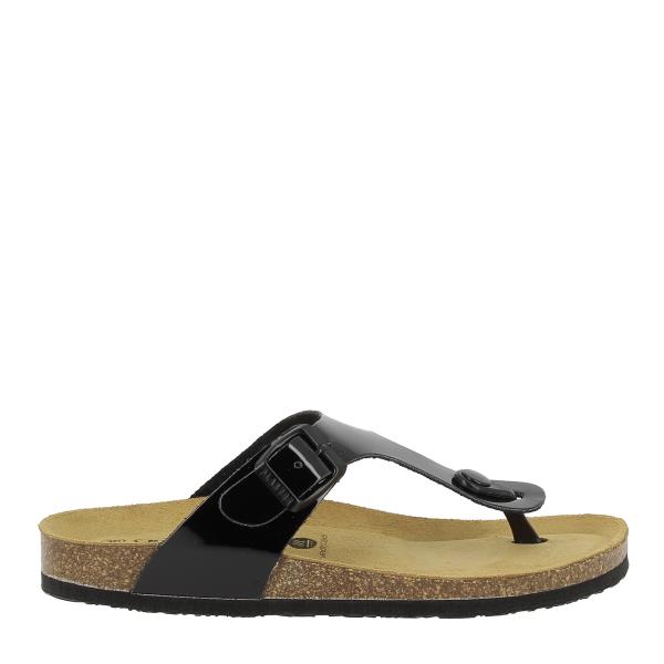 Capture the sleek silhouette of Plakton's 181671 Black Thong Sandals, showcasing the smooth leather upper and cork sole, epitomizing timeless elegance and sustainable craftsmanship.