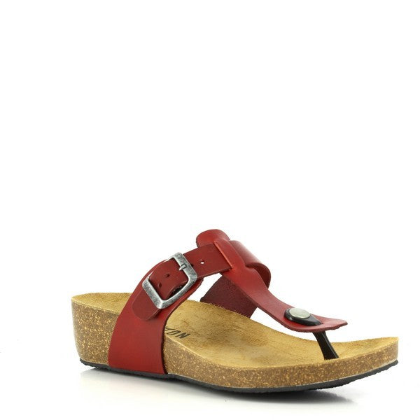 An angled shot capturing the adjustable buckle detail on the thong strap, emphasizing the customizable fit and modern aesthetic of these versatile sandals.