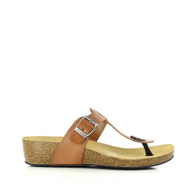 A detailed side view showcasing Plakton's 241665 Brown Thong Wedges, highlighting the smooth tan leather upper and the variable height cork wedge sole. This angle emphasizes the sandals' elegant design and comfortable heel options.