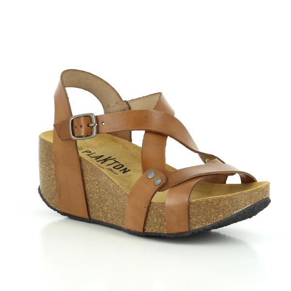 Plakton's 275311 Brown Cross-Strap Slingback Wedges captured from an elegant angle, showcasing the round toe shape and the comfortable cork sole.