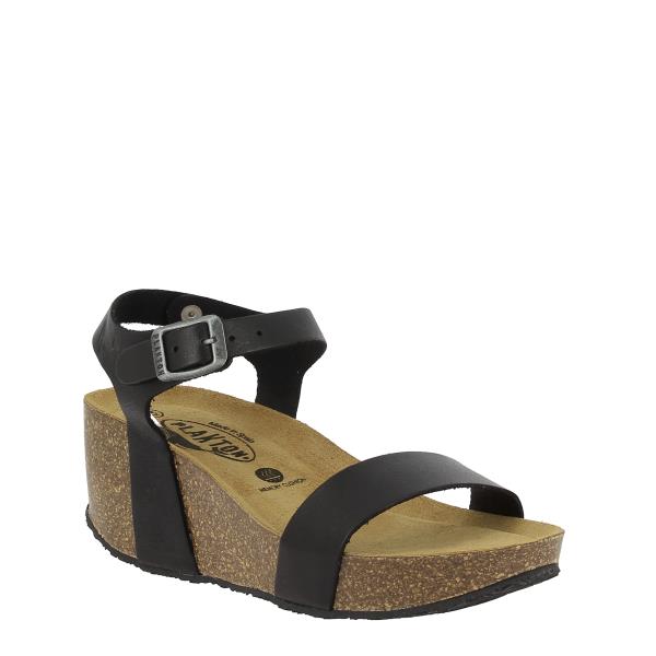 The angled view of the Plakton 873023 Black Slingback Wedges reveals the refined curve of the 7cm cork wedge heel and the round toe shape. The slingback strap adds a touch of sophistication, making these wedges a stylish choice for any outfit.