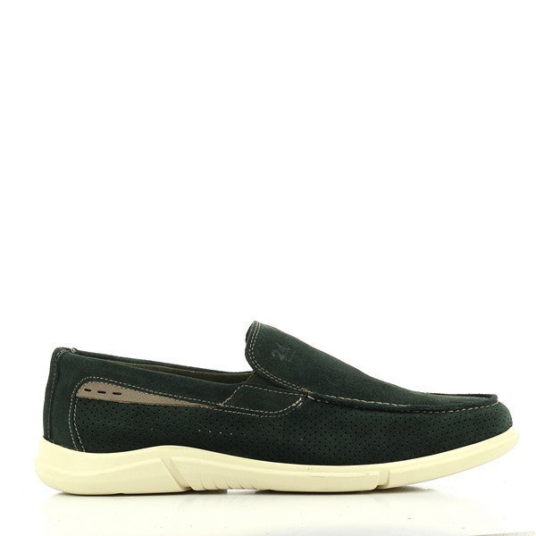 A pair of 24 Hrs 10373 Bottle Green Slip On Loafers, showcasing a rich bottle green leather upper. The loafers feature a classic round toe design and a soft leather lining for added comfort. The durable synthetic sole and 3 cm heel-platform height enhance both style and function. Displayed against a neutral backdrop, the loafers highlight their sophisticated color and expert craftsmanship.