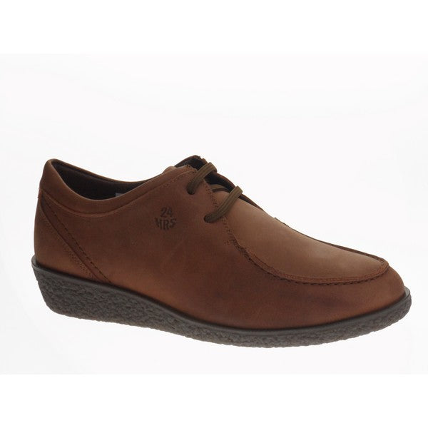 A pair of 24 Hrs 22346 Tan Lace Up Shoes, showcasing a rich tan leather upper. The shoes feature a classic round toe, soft leather lining, and a durable synthetic sole with a 2 cm heel-platform height. Displayed against a neutral background, they highlight their elegant design and superior craftsmanship.