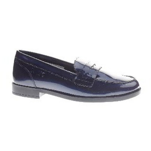 A detailed view of the 24 Hrs 22445 Navy Loafer from the outside side, showcasing the smooth navy leather upper and the sleek, classic loafer design.