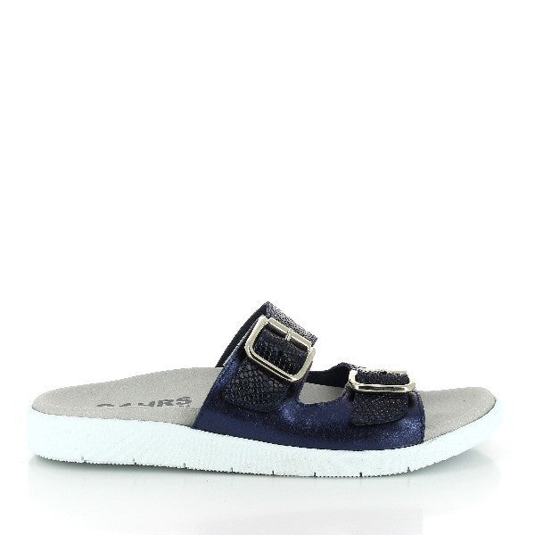 The 24 Hrs 22916 Navy Two Strap Sandals are displayed from the side, highlighting their rich navy leather upper. The two-strap design is clearly visible, showcasing a stylish and modern look. The 2 cm heel-platform height offers a subtle, elegant lift.
