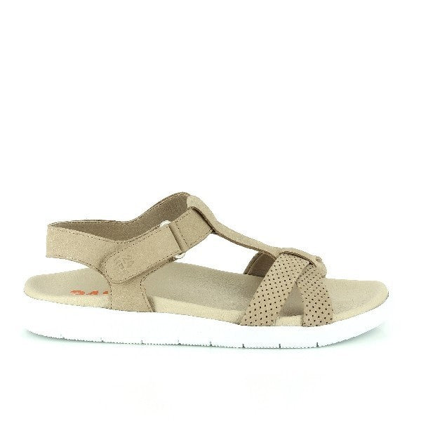 The 24 Hrs 22918 Beige Slingback Sandals are displayed from the side, showcasing their soft beige leather upper and elegant design. The cross strap and secure velcro fastening are prominently featured, highlighting both style and functionality. The 2.5 cm heel-platform height adds a refined lift.
