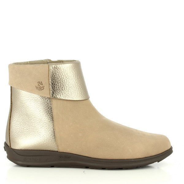 The 24 Hrs 22963 Taupe & Gold Ankle Boots are shown from the side, highlighting the sleek taupe leather upper with subtle gold accents. The round toe design and 2 cm heel-platform height add to the elegant look.