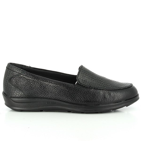 A pair of 24 Hrs 23141 Black Loafers featuring a sleek black leather upper with a classic round toe design. These women’s loafers have a comfortable 2 cm heel-platform and are lined with soft leather for added comfort. The synthetic sole ensures durability. Made in Spain, they showcase 24 Hrs' commitment to elegant and high-quality footwear.