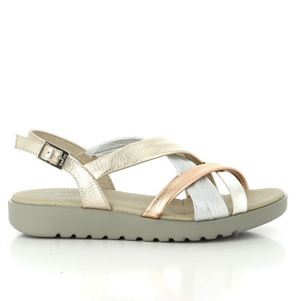 A pair of 24 Hrs 23252 Metallic Cross-Strapped Slingback Sandals for women is elegantly presented on a neutral background. The sandals feature a sleek metallic leather upper with a multi-strap cross-strapped design and an adjustable buckle for a secure fit. The 2 cm heel and soft leather lining ensure comfort and style, showcasing the refined craftsmanship and sophisticated design made in Spain.