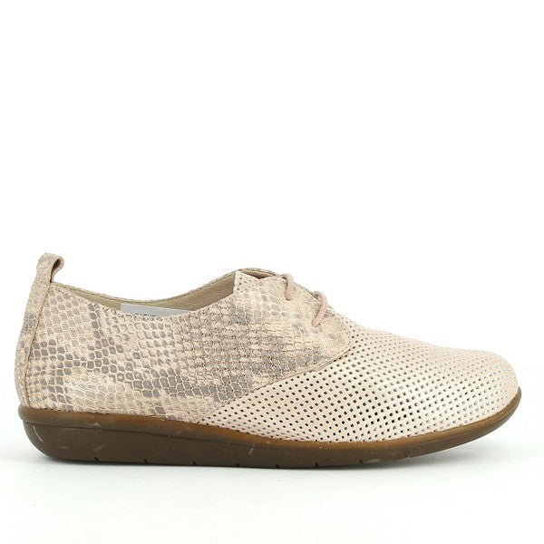 A pair of 24HRS 24409 Nude Snake Print Shoes, showcasing their elegant nude leather with a distinctive snake print pattern. The side view highlights the sleek design and the 2cm heel-platform, while the round toe shape ensures a comfortable fit. The back view emphasizes the smooth finish and quality craftsmanship. The interior reveals a soft leather lining for added comfort, and the synthetic sole provides a sturdy foundation, combining style with practicality.