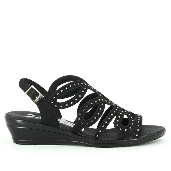 A pair of 24Hrs 24510 Charcoal Black Sandals are displayed against a simple, neutral background. The sandals feature a sleek charcoal black leather upper with a smooth, matte finish. The round toe shape adds to the classic design, while the adjustable slingback strap is visible, ensuring a secure fit. The sandals are shown with a 4cm heel, providing a subtle lift, and the leather lining is slightly visible, emphasizing the high-quality craftsmanship. The synthetic sole is displayed, highlighting durability 