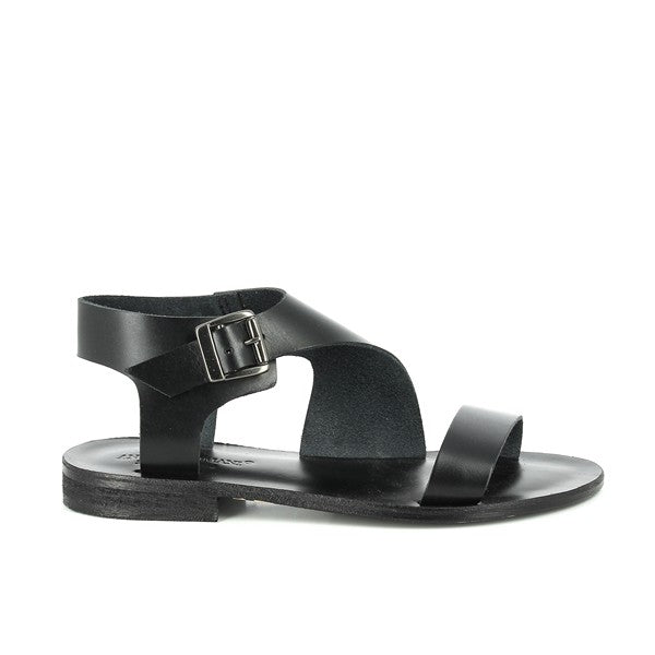 A pair of sleek Antichi Romani 2042 Nero Black Slingback Sandals is displayed on a light background. The sandals feature a classic black leather upper with stylish cross-straps at the front, adorned with elegant golden buckles. The round toe shape and 2 cm heel-platform add subtle sophistication, showcasing the fine Italian craftsmanship.