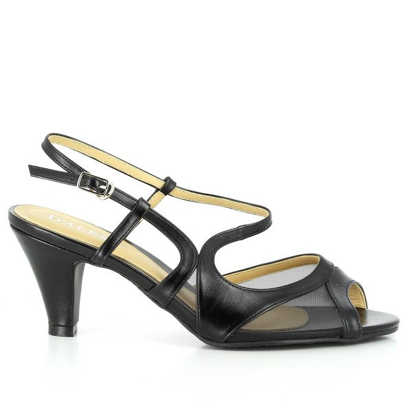 The Dalessi Deva Black Slingback Sandals feature a sleek synthetic mesh upper with a peep toe design, offering a modern, breathable look. The 8 cm heel-platform adds height and elegance, while the adjustable slingback strap ensures a secure fit. The round toe shape and leather lining enhance comfort, making these sandals perfect for stylish, all-day wear.