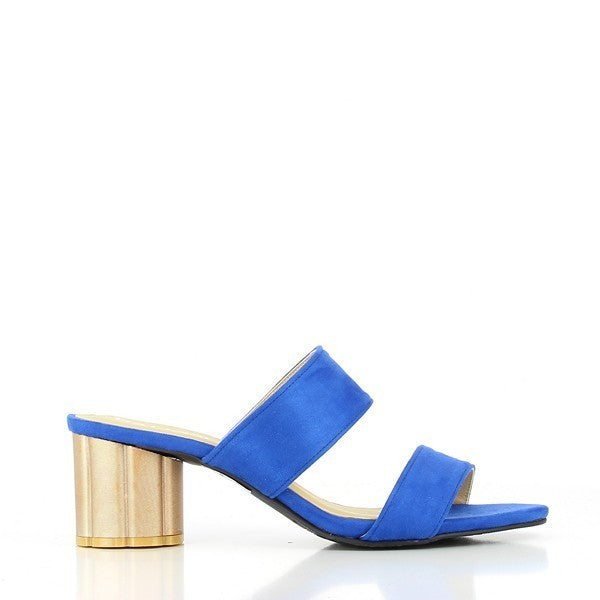 A side view of the Ducchess Blue Slides, showcasing the two elegant straps across the foot, the sleek leather upper, and the subtle 6.5 cm gold-accented heel.