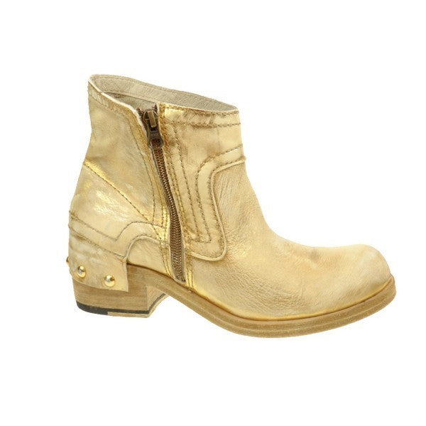 A full profile of the Felmini 8270 Gold Ankle Boot showcasing its sleek leather upper in a shimmering gold finish, with a smooth round toe and decorative stud detailing on the heel for a bold statement. The external zipper adds functionality while maintaining the boot's modern aesthetic.