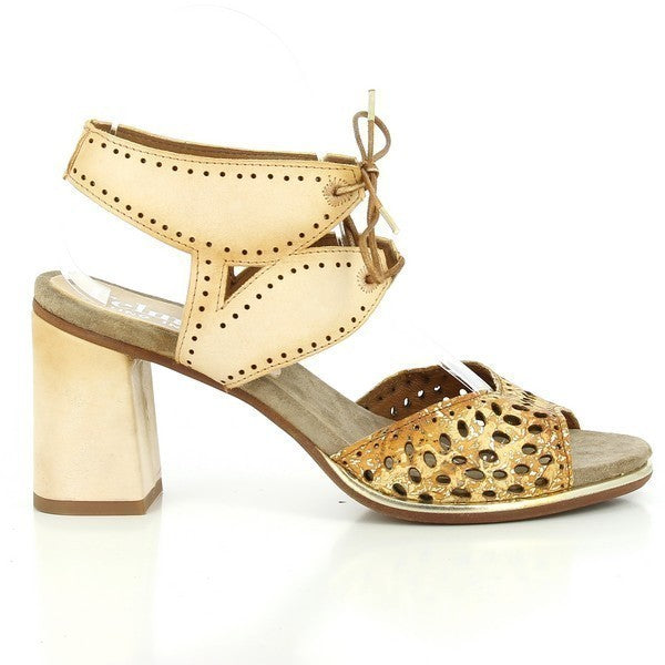 A clear side view of the Felmini A074 white and tan sandals, showcasing the lace-up ankle strap and the intricate die-cut details along the upper. The sleek leather straps elegantly frame the foot, while the 6cm heel-platform offers a balanced height.