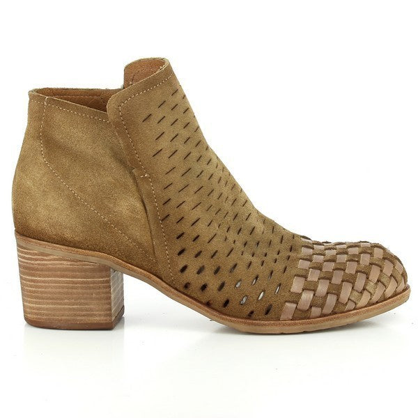 The Felmini A119 Tan Ankle Boots showcase their elegant silhouette, with a smooth tan leather upper and decorative beige square accents along the side, exuding modern sophistication.