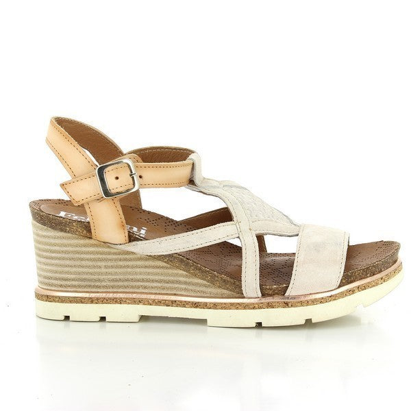 A close-up of the Felmini A166 Pink Sandal showcasing the smooth pink leather upper, the 6cm wedge heel, and the tan slingback strap with a buckle.