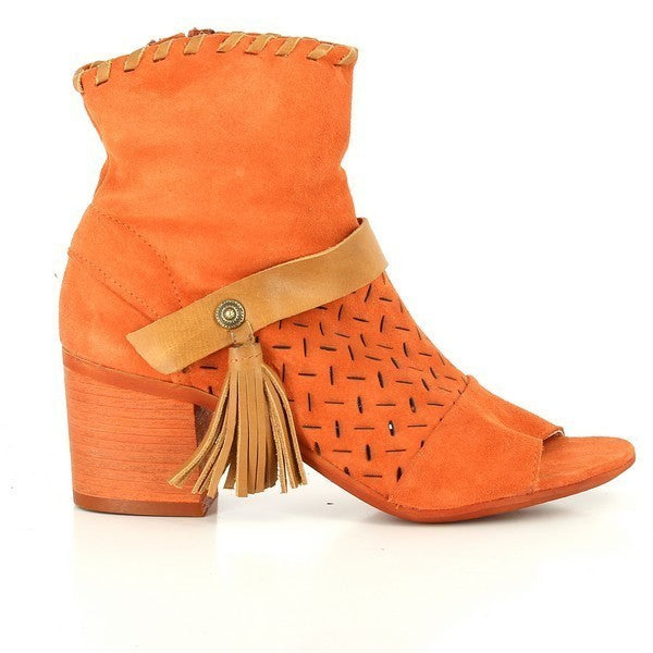A clean, side-on shot of the Felmini A172 Orange Ankle Boot, highlighting the smooth, premium leather upper. The open-toe design and the tan decorative strap with fringe detailing offer a chic, bohemian touch, while the 6cm square heel provides a balanced profile.

