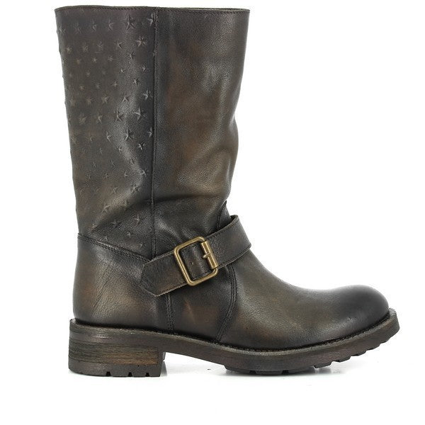 A sleek side profile of the Felmini A400 New Stone Brown Long Boot showcasing its rich leather upper, detailed gold ankle buckle, and subtle stitching for a timeless aesthetic.