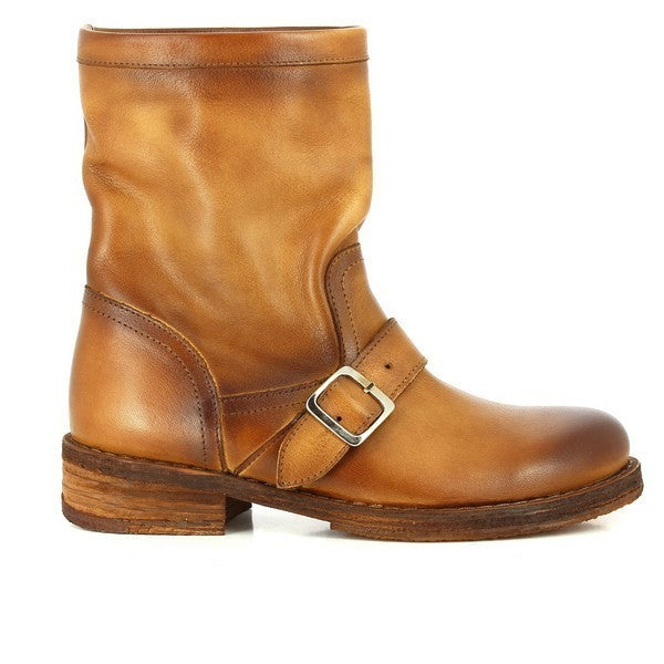 A clear side profile showcasing the sleek Cognac brown leather upper, mid-calf height, and decorative buckle detail, emphasizing its elegant design.