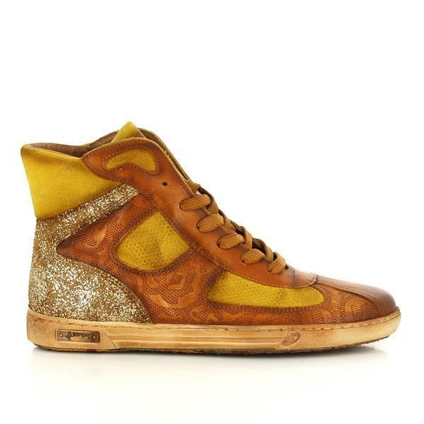 A side view of the Felmini A675 Brown Sneakers, showcasing the smooth leather upper with a stylish mix of gold, yellow, and brown tones. The 2 cm heel-platform provides subtle height and added comfort, perfect for everyday wear.